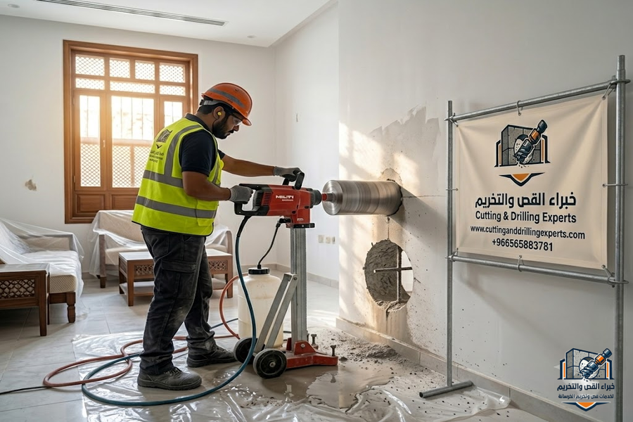 تخريم خرسانة حي البلد في جدة باستخدام أجهزة الكور الماسي لفتح كور المكيفات والسباكة والكهرباء والمصاعد بدقة عالية وبدون تكسير